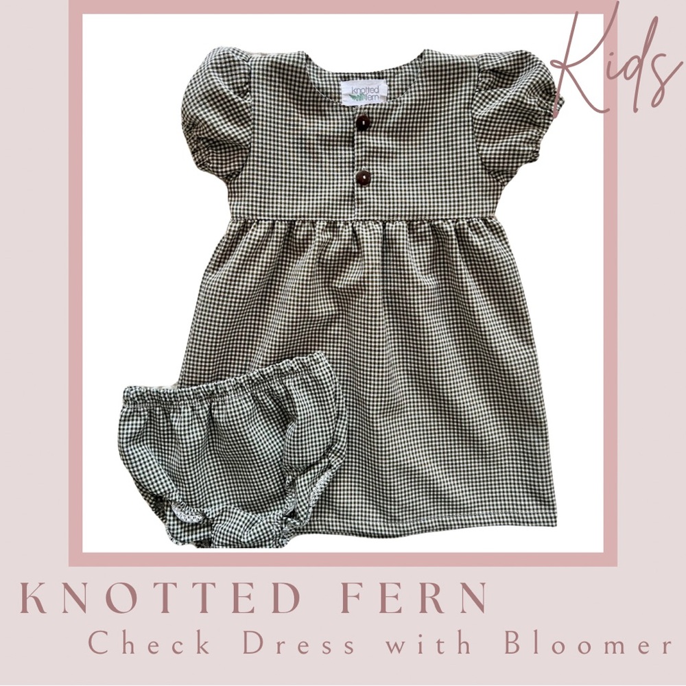 Knotted Fern Brown Check Dress with Bloomers